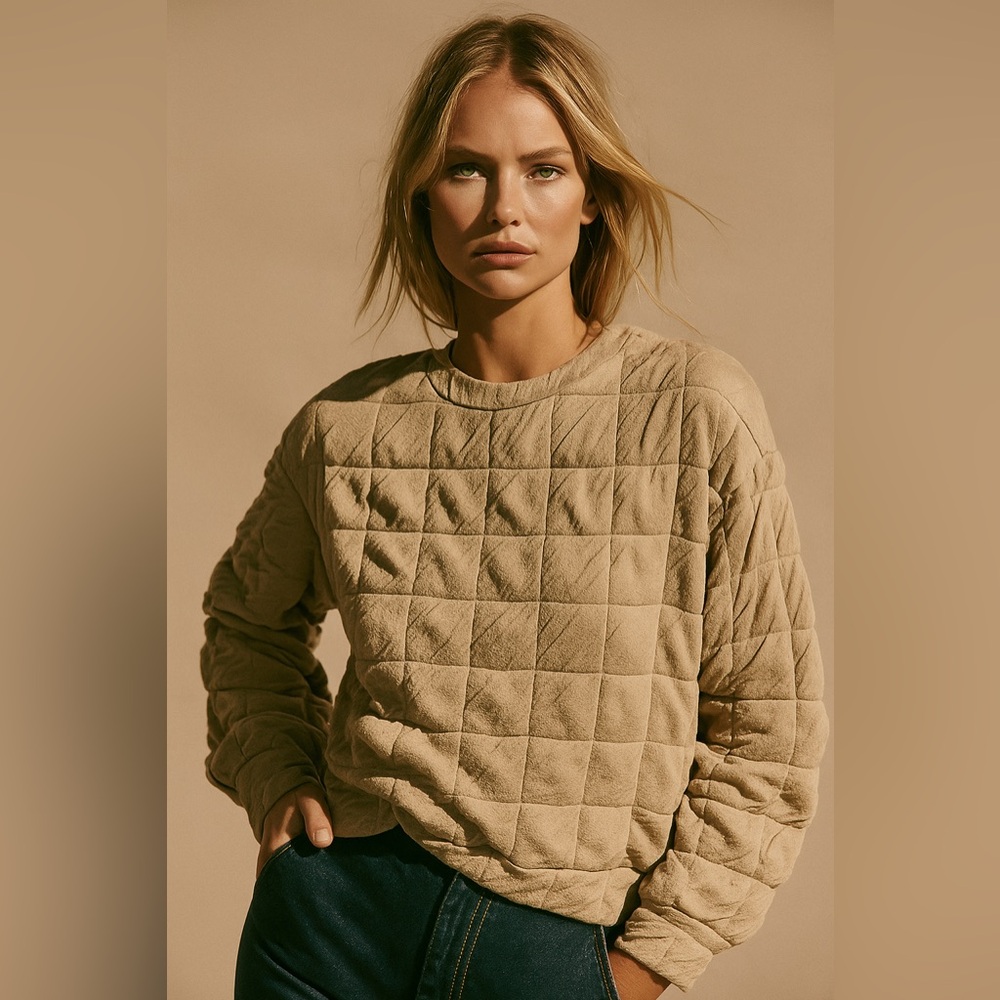 Zara Beige Quilted Textured Sweatshirt Pullover Minimalist Neutral Cozy Top